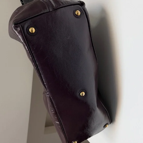 Saint Laurent Boston Hand Bag Tote Purse Y Line Patent Leather Dark purple. - Picture 6 of 6